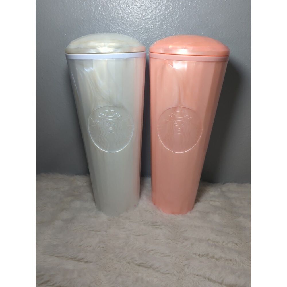NEW 2 Starbucks Cold Tumblers- Summer 2021 Pearl White & Pink Dome Lid 24 Ozs